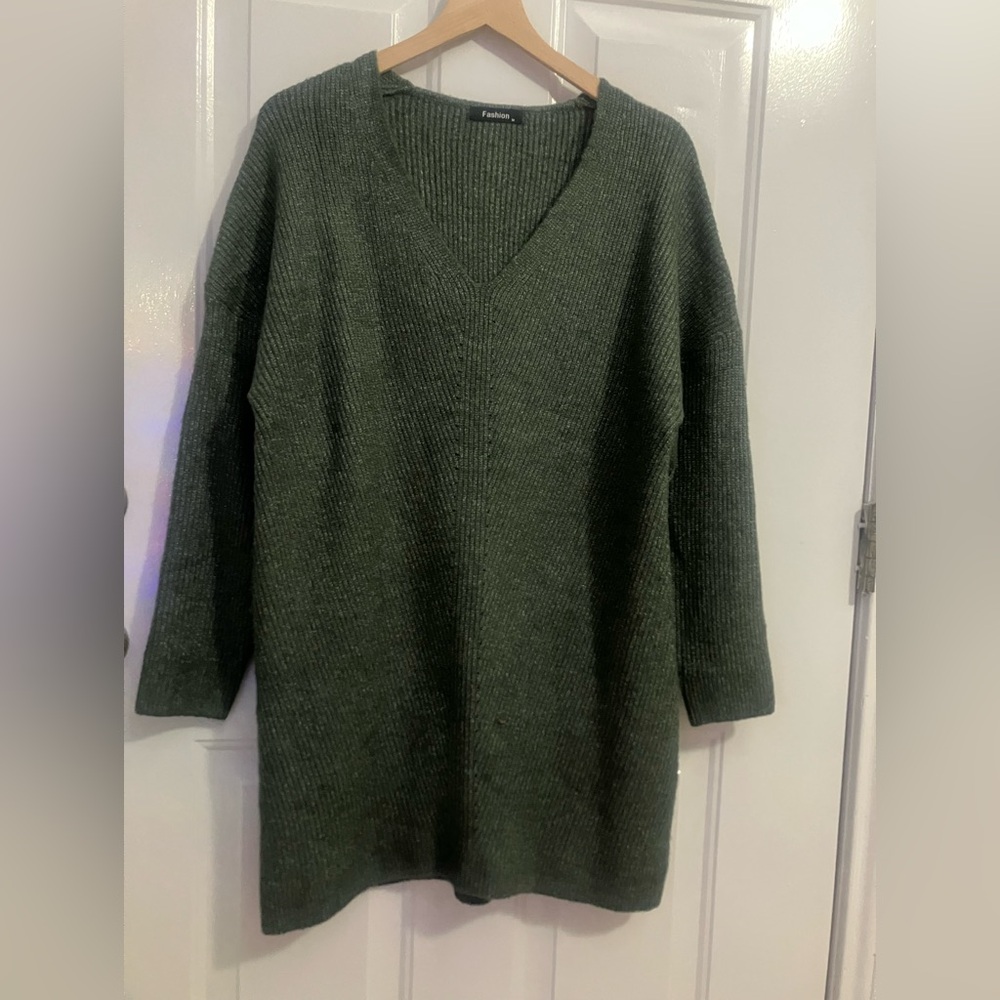 Fashion- winter green, v neck sweater dress